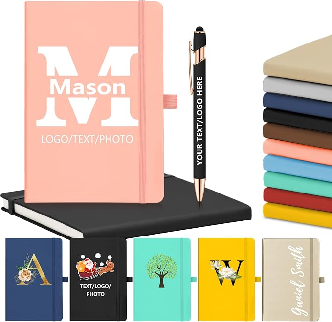ENOMY Personalized Notebook & 10 PC Pens Gift Set Custom Notebook Journal A5 200 Pages A5 Lined Journal for Men Women Hardcover Notebooks for Work College Graduation Gifts, Pink