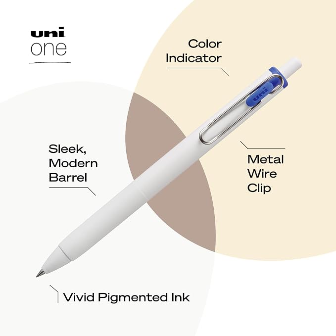 uniball™ one Retractable Gel Pens, Micro Point (0.5mm), Blue Ink, 12 Pack | Ink stays on top of paper fibers for crisp vivid lines, wire pocket clip, color indicator top, smooth barrel & rubber grip
