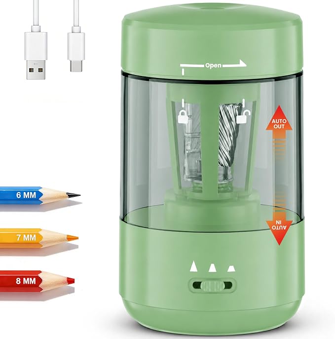 Electric Pencil Sharpener for Classroom, Fully Automatic Pencil Sharpener for 6-8mm Pencils & Colored Pencils, Auto in & Out, Type-C Rechargeable Pencil Sharpeners for Home, School, Green