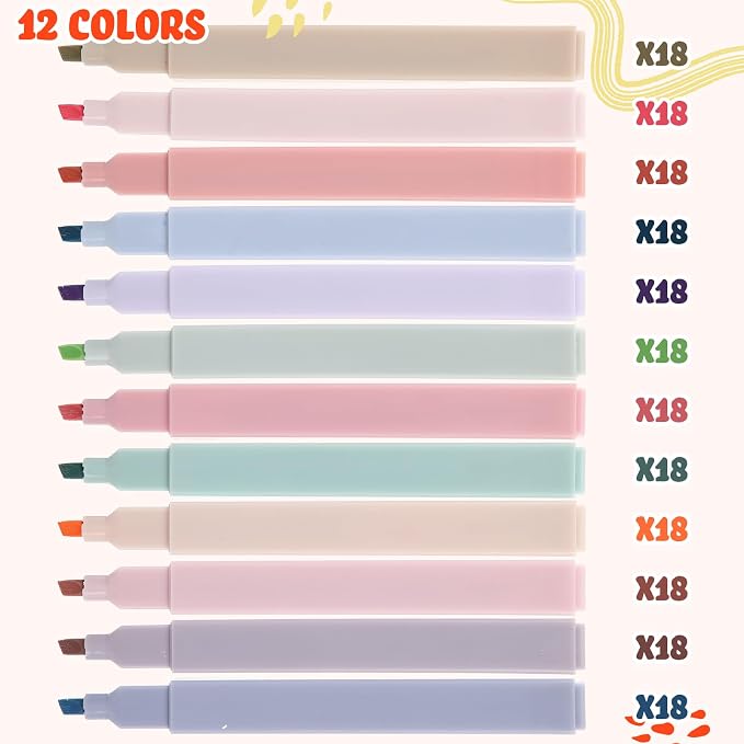 Marspark 216 Pcs Highlighters Bulk Chisel Tip Aesthetic 12 Assorted Colors No Bleed Cute Soft Color Marker Pens for Journal Planner Notes School Study Office Supplies