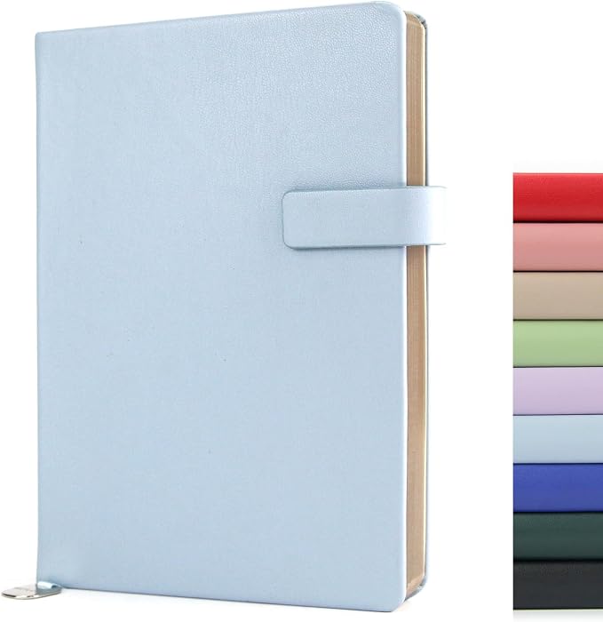 Hardcover Leather Journal Notebook A5 Lined 212 Pages 5x8.25 Inches Gold Edged Pages with Strap Closure Travel Work School Writing Journaling Notebooks for Women Men Gift Box Packaging Light Blue