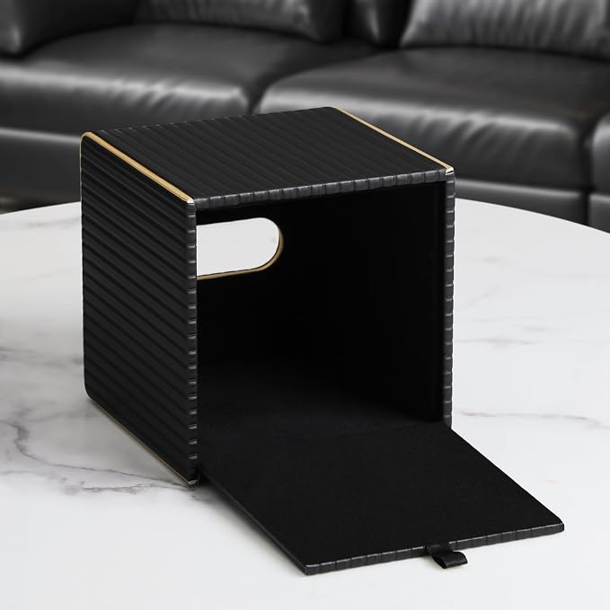 Square PU Leather Tissue Box Cover with Magnetic Closure, Decorative Tissue Holder & Storage Container for Bedroom, Living Room, Dining Room, Bathroom, Countertop, Desk & Office (Black)
