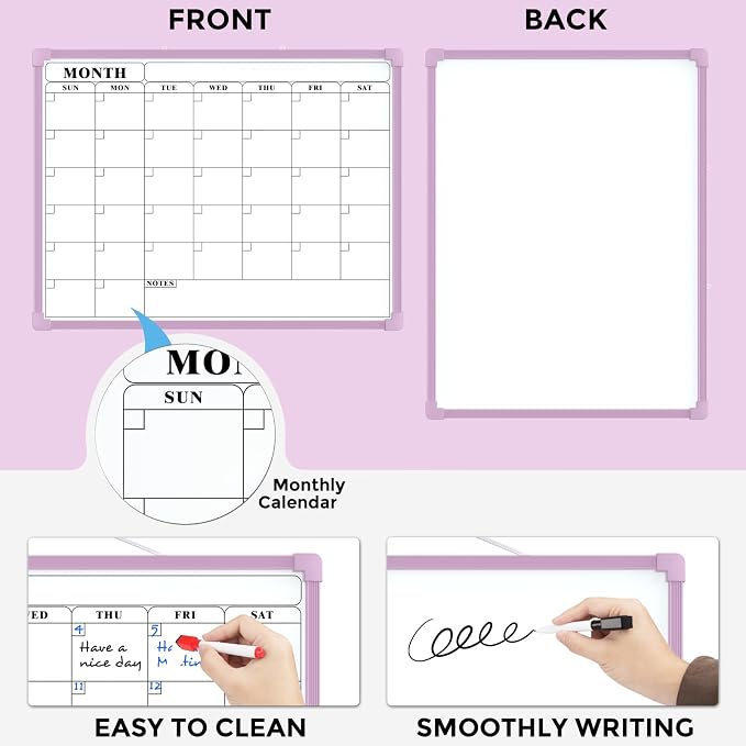 MaxGear Monthly Calendar Dry Erase Board for Wall, 16"x12", Purple Frame | Double-Sided, Hanging Small White Board, Portable Whiteboard for Planning, Drawing, Memo, to Do List, Home, Kitchen, Office