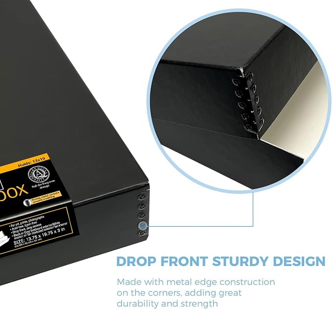 Lineco Museum Archival Storage Box, Drop Front, 13.75x19.75x3 in, Black | Acid-Free with Metal Edge, Preserves Picture Longevity, Organize Photos, Newspapers, Prints, Documents, Crafts, DIY