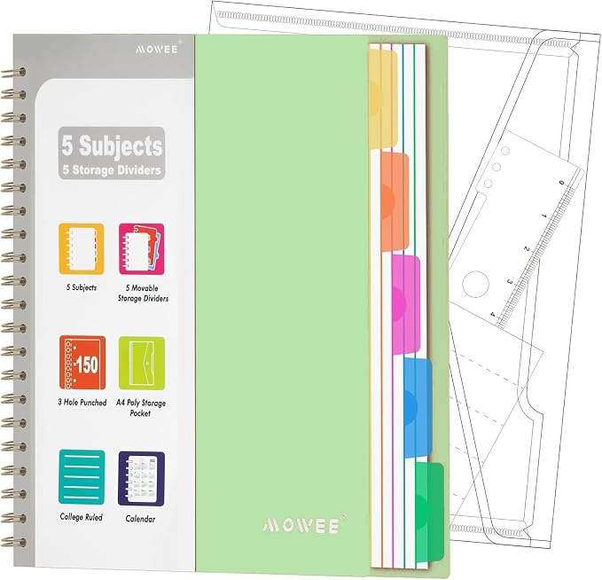 5-Subject Spiral Notebook, College Ruled, with Pocket & Tab Dividers | 300 Pages, 11" Ruler, 8.5"x11" Lime, Pocket Dividers with Tab Labels, for Writing Journal, Home, Office & School Supplies