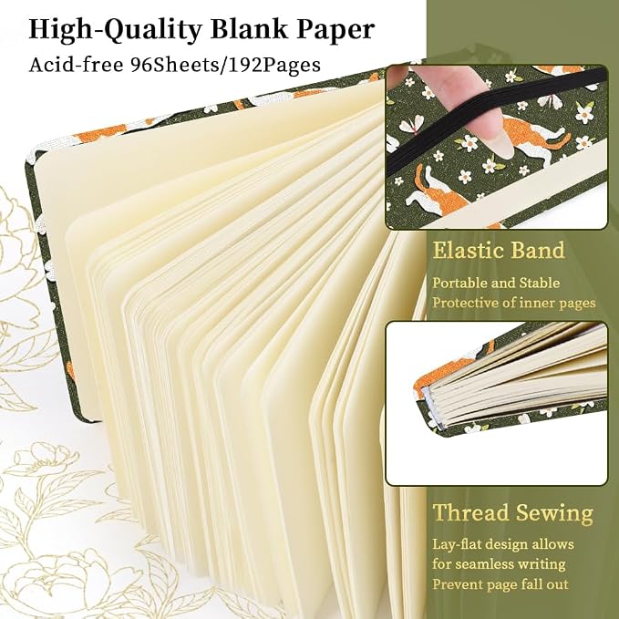 4.8" Square Pocket Sketch Book,Hardcover Art Sketchbook for Drawing Journal | Cloth Cover,80gsm Blank Paper,96Sheets,Lay-Flat,Portable Travel Creation Paint Diary Memo Planner,Dry Media.Lying Cat