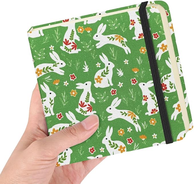 E-WEICHEN Square 4.8x4.8 inches 80gsm 96sheets/192 Pages Notebooks Blank Sketchbooks Travel Journal Pocket Hardcover Paint Writing Diary Memo Planner Cloth Cover. Green Rabbit