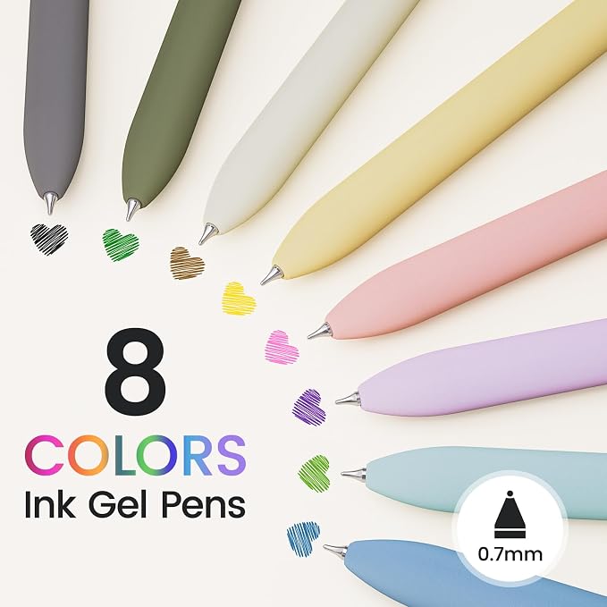 8 Pack Colored Gel Pens with Fidget, Morandi Color Ink No Smudge | 0.7mm Fine Point Smooth, Left-Handed Quick-drying Coloring Pens for Journaling, School Office Supplies, Gift for Women Men