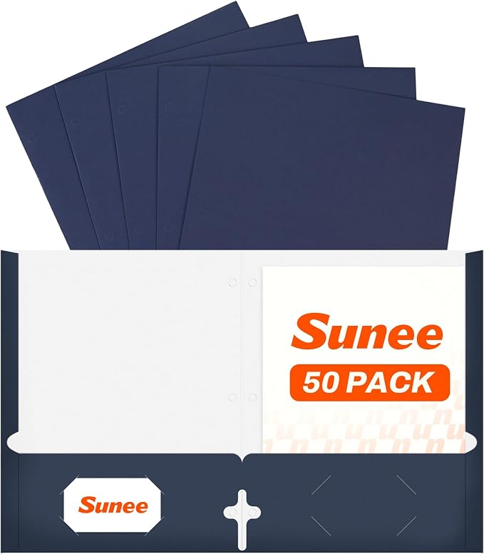 SUNEE Two Pocket Folders, 50 Pack File Folders with Business Card Slot, Textured Paper, Fit Letter Size Paper, Paper File Folder for School Office Home Business, Navy Blue