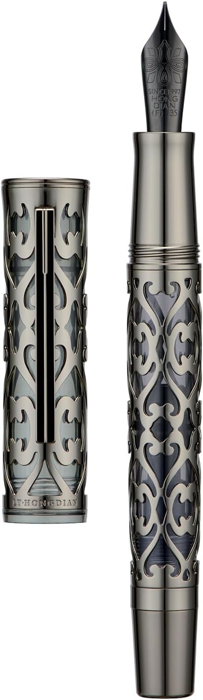 HONG DIAN D1 Piston Fountain Pen Fine Soft Nib, Jet Black Hollow Skeleton & Resin Pen with Metal Case Set