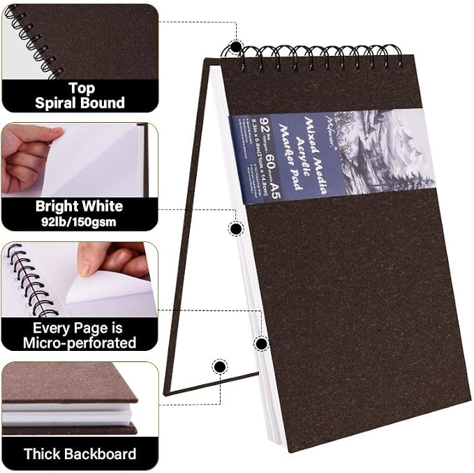 5.8" x 8.3" Mixed Media Sketch Book,Spiral Bound Hardcover Sketchbook,60 Sheets 92lb/150gsm Neutral White Acid Free Paper,Art Journal Sketchbook for Drawing Writing Sketching Illustration,Dark Coffee