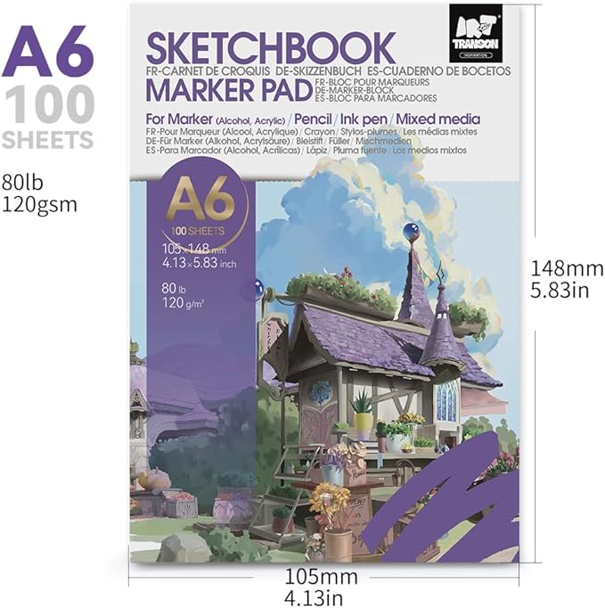 TRANSON A6 Mini Sketchbook Marker Pad, 80lb/120gsm Heavyweight Art Paper, No Bleed Through, 100 Sheets/200 Pages 4.13"x5.83" for Drawing & Sketching