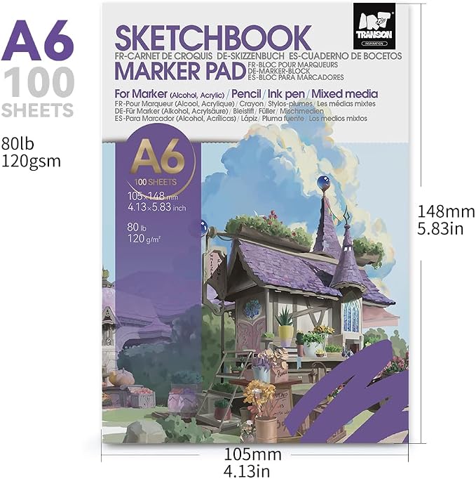 TRANSON 3 Pack A6 Mini Sketchbook Marker Pad, 80lb/120gsm Heavyweight Art Paper, No Bleed Through, 100 Sheets/200 Pages 4.13"x5.83" for Drawing & Sketching