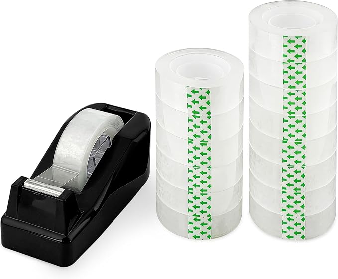 Desktop Tape Dispenser with 15 Rolls Transparent Tape, Black Desk Tape Dispenser for Home Office School, Tape and Dispenser Set for Light Duty Packaging Arts Crafts Note Repair Everyday Use