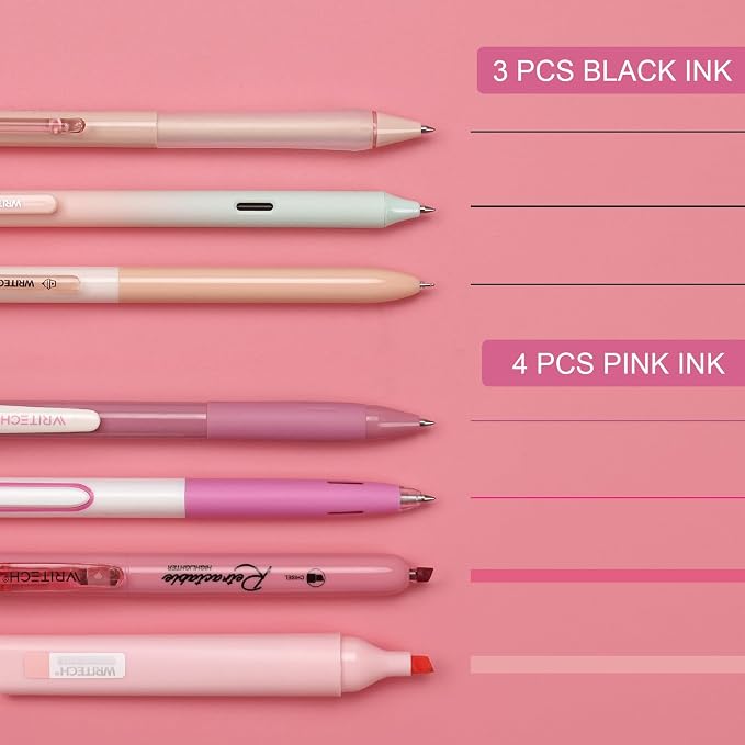 WRITECH Gel Pens Journaling Highlighters: Journal Set Aesthetic Assorted Pastel Color Ink 0.5mm Fine Point Retractable 0.7mm Black Pen Smooth Writing Drawing No Bleed 7ct (Pink)