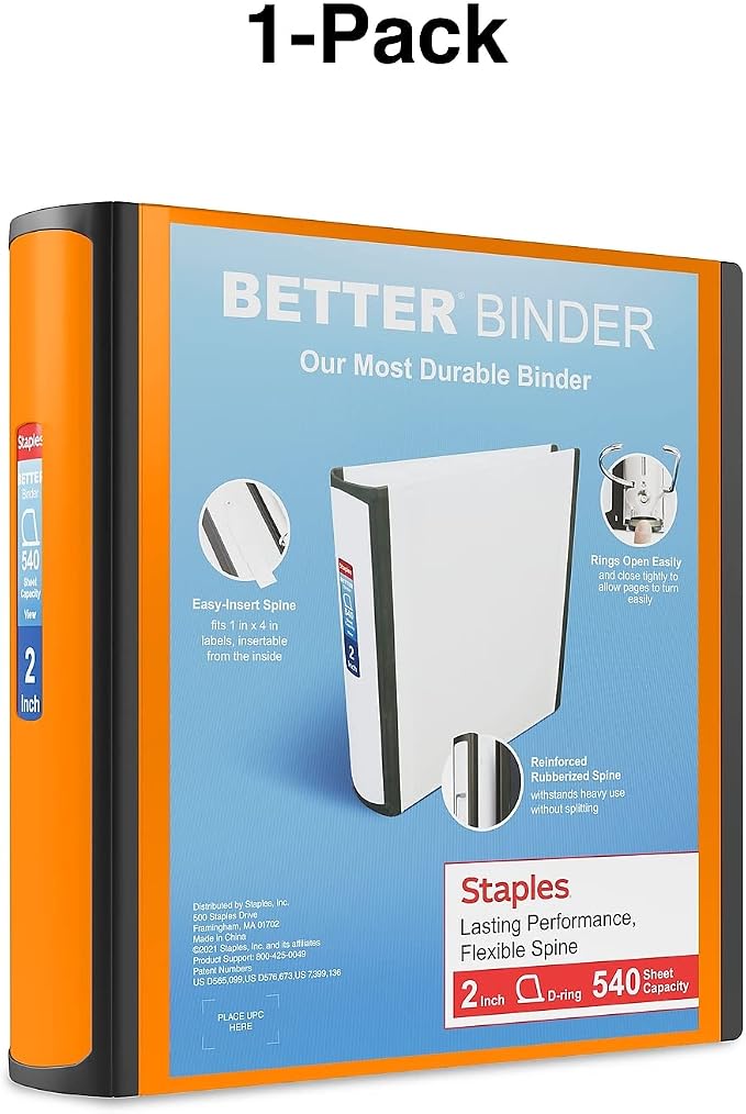 Staples Better Binder, 2" D‑Ring 3‑Ring Binder, Bright Orange, Reinforced Rubber Spine, Durable High‑Capacity Binder for School & Office
