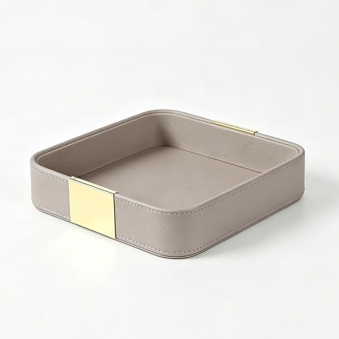 SANZIE Luxury Leather Desktop Storage Small Catchall Organizer Decorative Tray for Entryway Table to Hold Jewelry Watch Cosmetics Keys Phone Wallet, Home & Office Accessories (Metal Gilded, Grey) | Metal Gilded, Leather Decorative Tray for Entryway Tab...