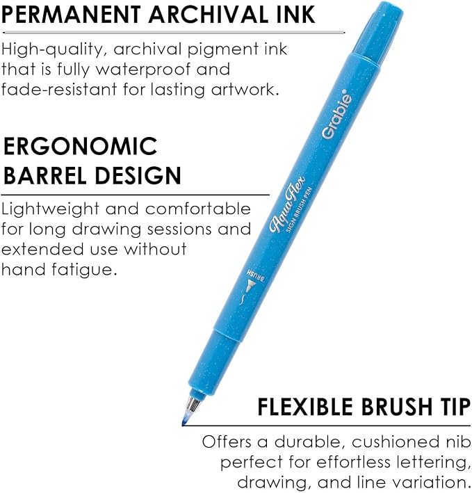 Grabie AquaFlex Sign Brush Pen Set of 12 – Flexible Brush Tip with Waterproof, Archival Ink for Calligraphy, Journaling, Drawing & Illustration – Vibrant, Quick-Drying, Non-Toxic & Smudge-Proof