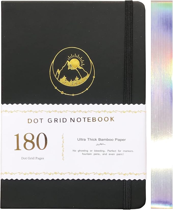 BUKE Dotted Notebook Journal 180GSM Bamboo Thick White Paper 160 Pages 5 * 5MM Dot Grid, Lay Flat Binding,Colored Silver Edges, Bookmarks and Expandable Back Pocket (BKP-2)