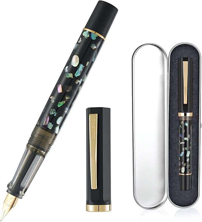 Jinhao 58 Fountain Pen - Natural Sea Shell Inlay Fine Nib Writing Pen with 3.4mm Ink Converter & Silver Metal Gift Box,Matte Black
