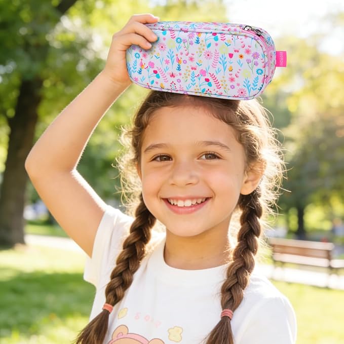 RHCPFOVR Kids Pencil Case for Girls-Soft Zipper Large Capacity Pencil Pouch for Girls Pencil Case for School Pencil Bag for Toddler (Leaf & Flower)