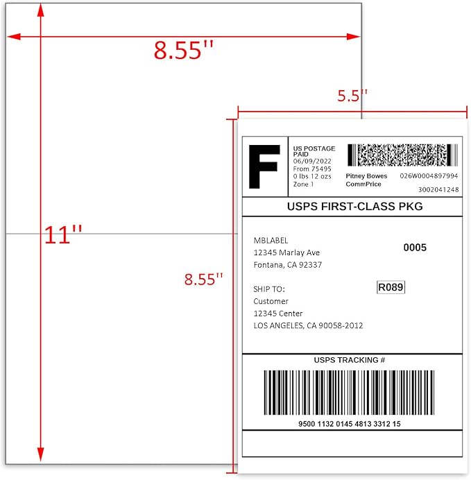 8.5" x 5.5" Address Labels, Half Sheet Shipping Labels, 250 Sheets Self Adhesive Mailing Labels for Laser & Inkjet Printers (500 Labels)