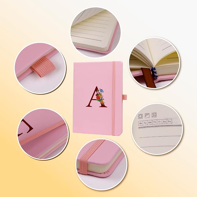 Pink Notebook for Women, 5.7"X8.3" A5 Journal Notebook with Letter I, Dual-Sided Writing Notebook with Dividers, Cute Leather Journal for Work, Business, School, Meetings, Travelers, Small Notebook