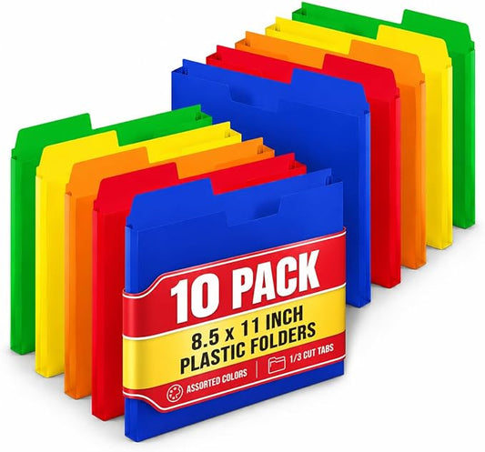 1InTheOffice Plastic File Folders Letter Size 1/3 Cut Tab, Poly File Pockets, Assorted Colors (10 Pack)