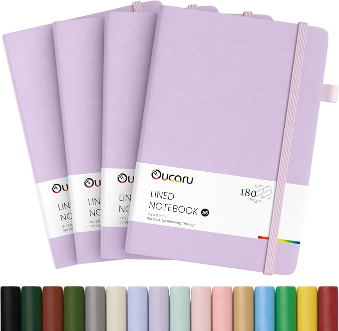 Oucaru 4 Pack A5 Lined Journal Notebook, 180 Pages 100 GSM Paper for Travel | 100 GSM Thick Paper No Bleed, 180 Lined Pages, 180° Lay Flat, Pen Holder, Back Pocket, 4 Pack Journal Set for Writing