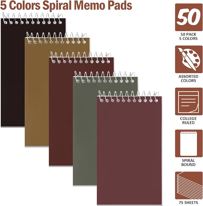 Teling 50 Pcs Graph Paper Pocket Notebook 3x5'' Small Spiral Memo Pads Bulk | Mini Grid Notepad, Back to School Supplies, Top Spiral Tiny Note Pad with Lined, Mini Journal for Office Nurse Work, 75 Sheet