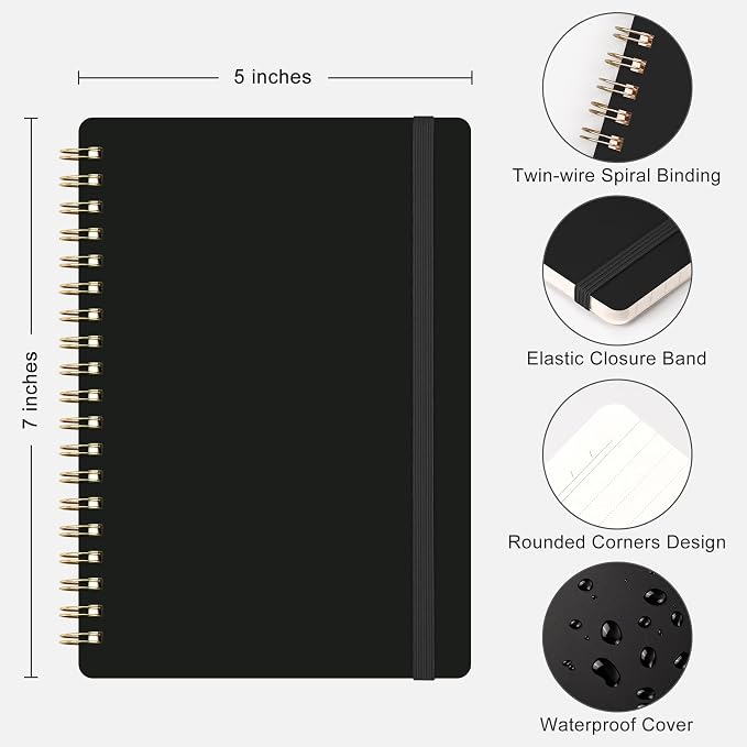 RETTACY Spiral College Ruled Notebook, 140 Pages per Pack, B6 (5" x 7") | 3-Pack, Small Pocket Size, Soft Cardboard Cover, for School, Work, Writing, Journaling (Black & Dark Green & Navy Blue)