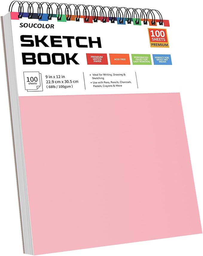 Soucolor 9x12 Sketch Book 2-Pack, 100 Sheets, Acid-Free Drawing Pads | Yop spiral-bound sketchbooks with 68lb acid-free paper,micro-perforated pages,& flat-lay design, great for kids and beginners