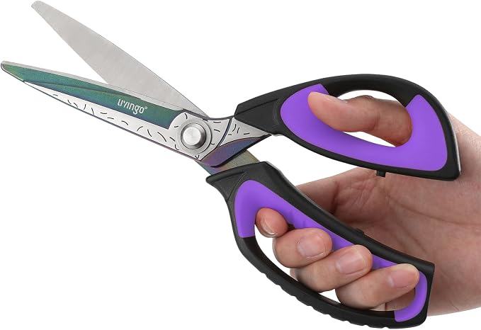 LIVINGO 10" Heavy Duty Multipurpose Shears for Shop & Garden (Black/Purple) | Forged Stainless Steel With Titanium Coating Cuts Fabric, Cardboard, Pruning Branches, Household Materials, Rust-resistant
