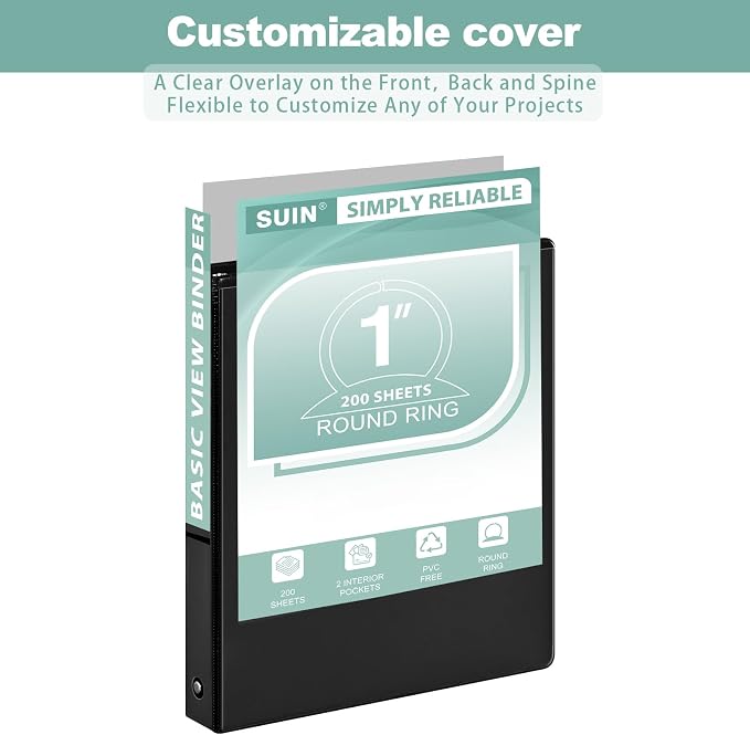 SUIN Basic 1-Inch 3-Ring-Binder, Customizable Clear View Cover, for US Letter Size 8-1/2 x 11'', Perfect for Office/School (Black - 48 Packs)