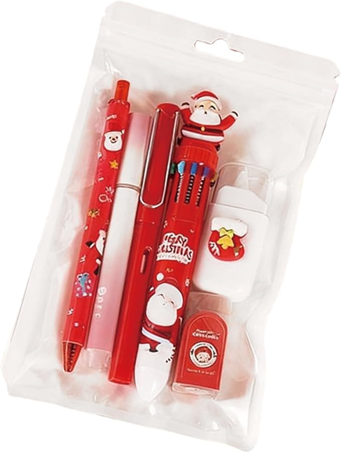 MOZXIRZ 6 Pcs Cute Christmas Stationery Set for Girls Boys Women Men Xmas School Supplies Office Supplies Including Gel Ink Pens Ballpoint Pens Pencil Eraser Christmas Gift (Xmas-Red)