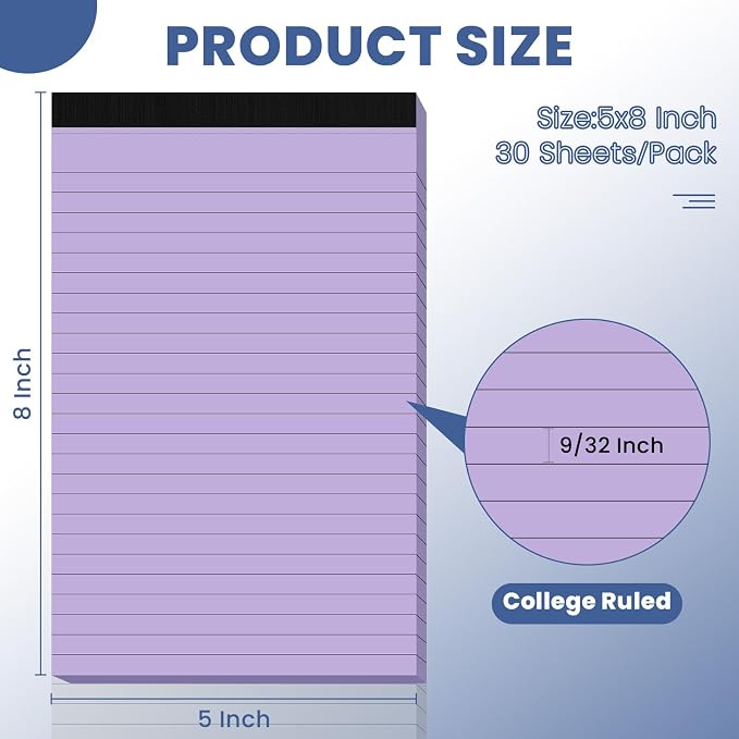 6pcs Small Note Pads, Purple Notepads 5x8 College Ruled Notebook, Writing Pads 5 x 8, Legal Pads, Pad Paper Perforate Notebooks for Work, Message, School, Office Supplies,30 Sheets/Pack