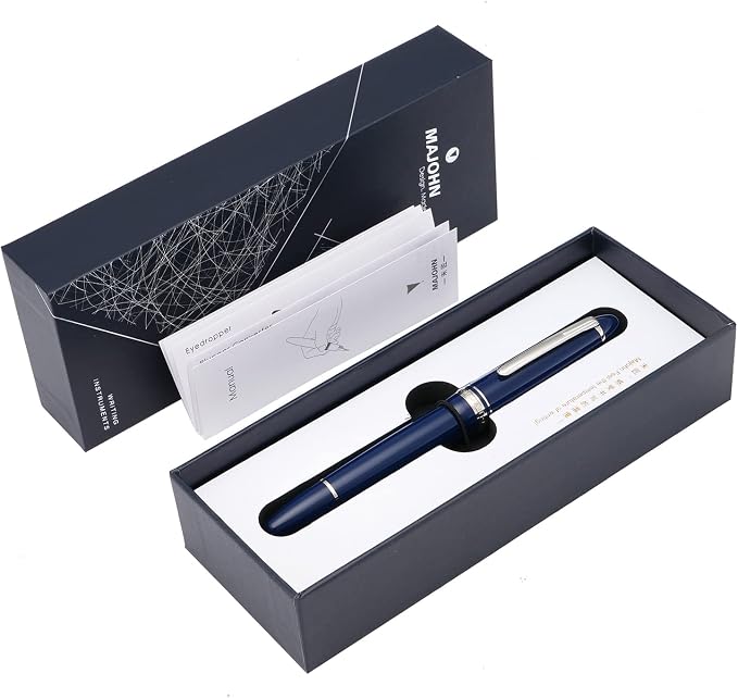 erofa Majohn P136 Piston Fountain Pen Fine Nib with Box, Dark Blue Resin Writing Pen Set
