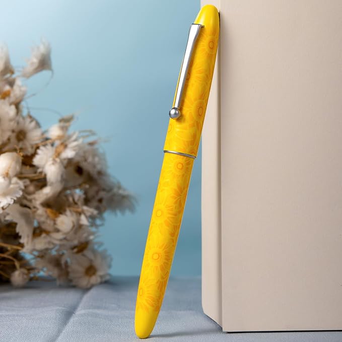 HONG DIAN C3 Fountain Pen, Iridium Extra Fine Soft Nib Chinese Knot Carving, Bright Yellow & Sunflower Painting Design with Metal Box Set
