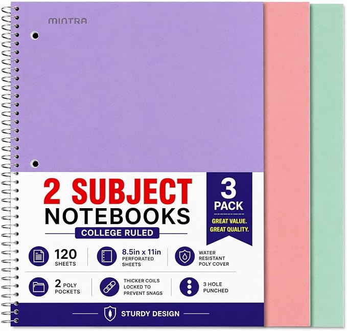 Mintra Office Durable Spiral Notebook - 2 Subject (College Ruled 3pk, Sage Green, Salmon, Lavender)