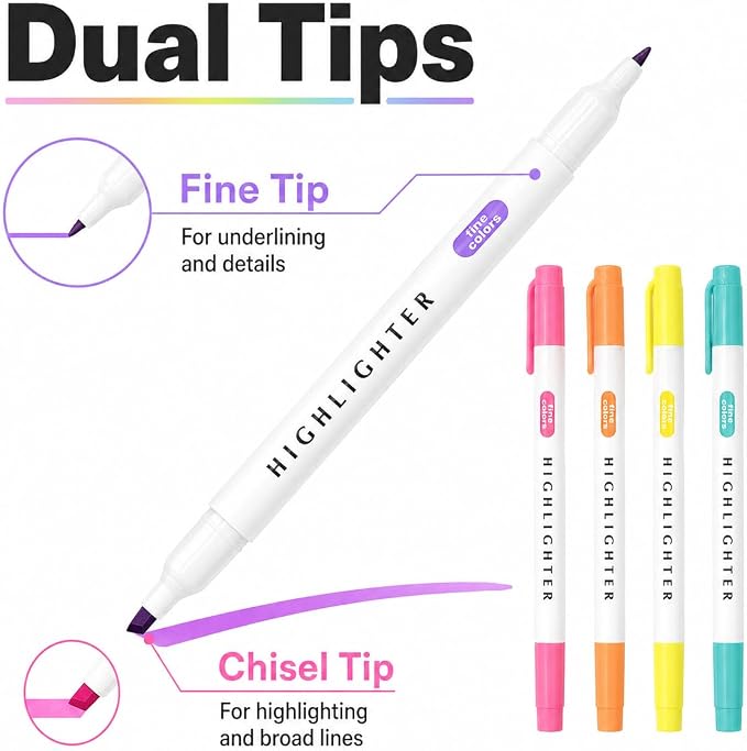 YOOUSOO 25 Pack Pastel Highlighters Assorted Colors No Bleed | Dual Tip Chisel and Fine Tip Bible Highlighter, Fluorescent Highlighter Pens for Classroom School Student Office Journals