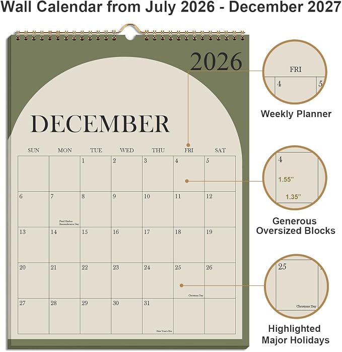 Large Calendar 2026-2027 with Spiral Bound - 18 Month Big Calendar from July 2026 to December 2027, Vertical Large Monthly Calendario 2026-27 for Wall, 22" x 17", Green