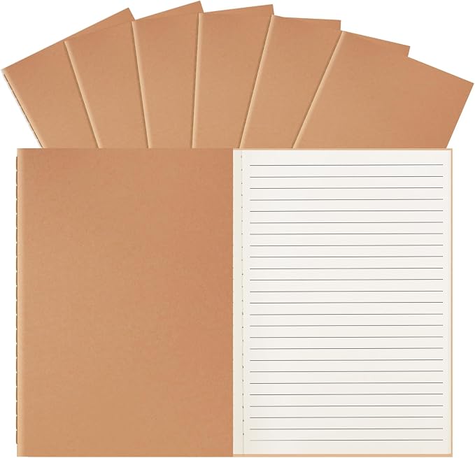ALKALO 6 Pack A5 Ruled Lined Kraft Notebooks Bulk, Journaling Notebooks, A5 Lined College Ruled Notebook, 8.3x5.5 Inches 60 Pages Travel Journal Notebooks Set for Work, School, Writing