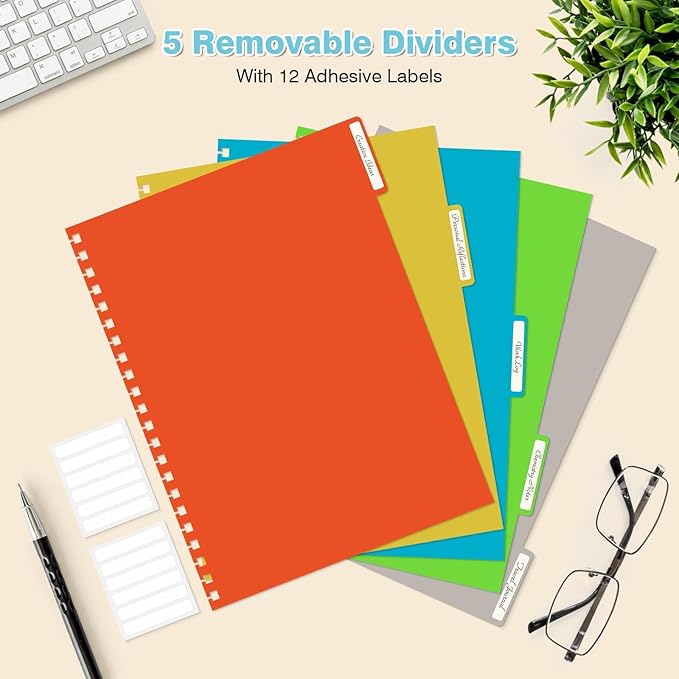5 Subject Notebooks College Ruled, Lined Notebook with Removable Dividers | 300 Pages 100GSM Thick Spiral Writing Journal for Women & Men, Small A5 Spiral Notebooks for Work, School Supplies, 6" x 8"
