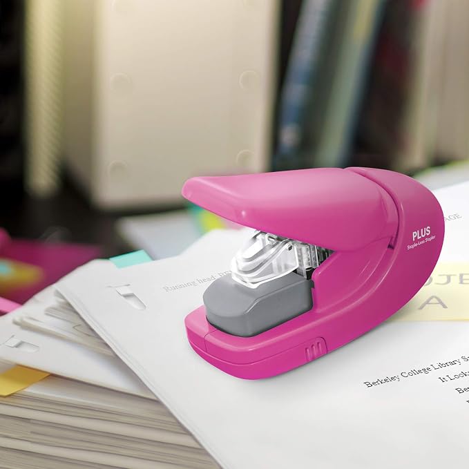 Plus Paper Clinch Compact Staple-Free Stapler, Heavy Duty, Pink
