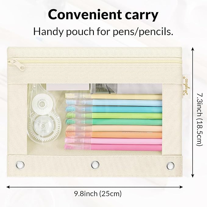 SKYDUE Pencil Pouch for 3 Ring Binder, 3 Ring Zipper Pencil Case with Clear Window, Large Binder Pencil Pouch with Grommets, Three Hole Pencil Holder for School, Pink & Purple (2 Pack)