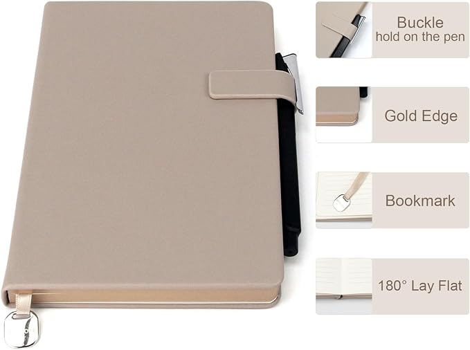 A5 Hard Cover Lined Notebook, Pen Holder & Gold Edges, 180° Lay Flat Journal, Large 5.7 x 8.4 in, Bookmark & Gift Box, Business Notebook for Work, Study, Travel(Light Coffee)