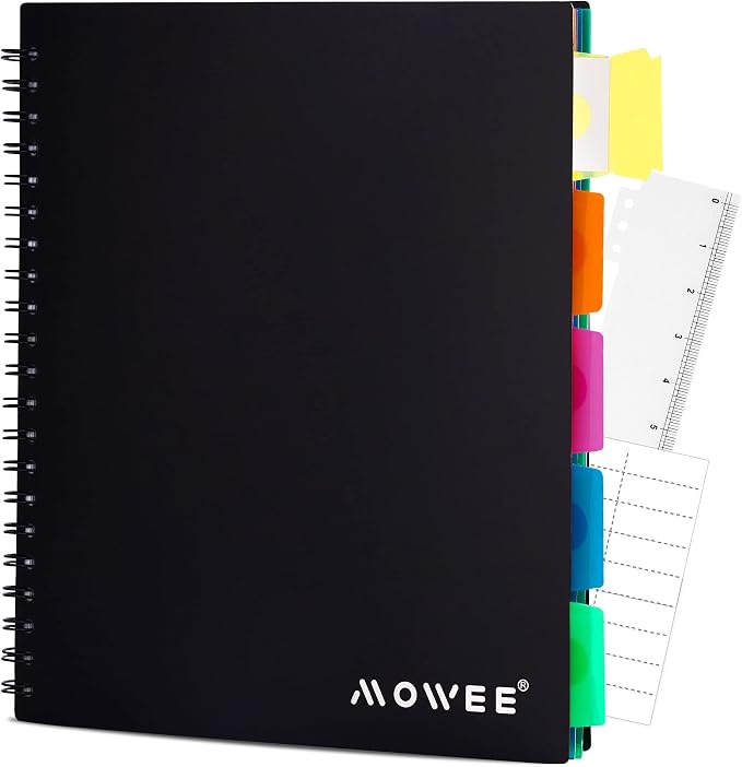 Spiral Notebook - 5 Subject Notebook, College Ruled Notebook With Dividers Pocket, Tabs Label, 11" Ruler, 200 Pages, for Writing Journal, Home & Office, School Supplies, 8.5''x11''Black | 200 Pages, 11" Ruler, 8.5"x11" Black, Pocket Dividers with Tab L...