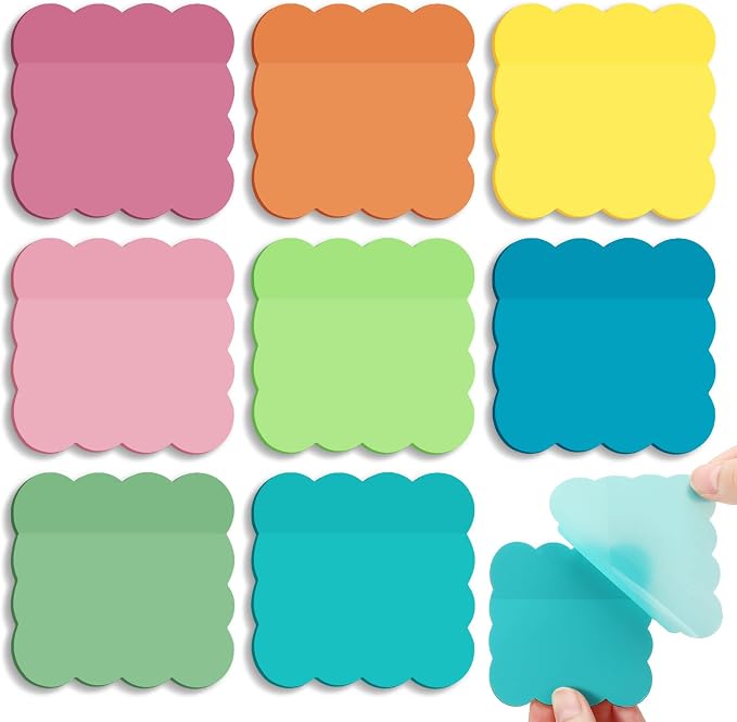 Eaasty 400 Sheets Transparent Scalloped Sticky Notes 2.8x2.8 Clear Sticky Notes 8 Pads Cute Wavy Translucent Pads Waterproof See Through Note for Bible Study Annotation School Office(Bright Colors)