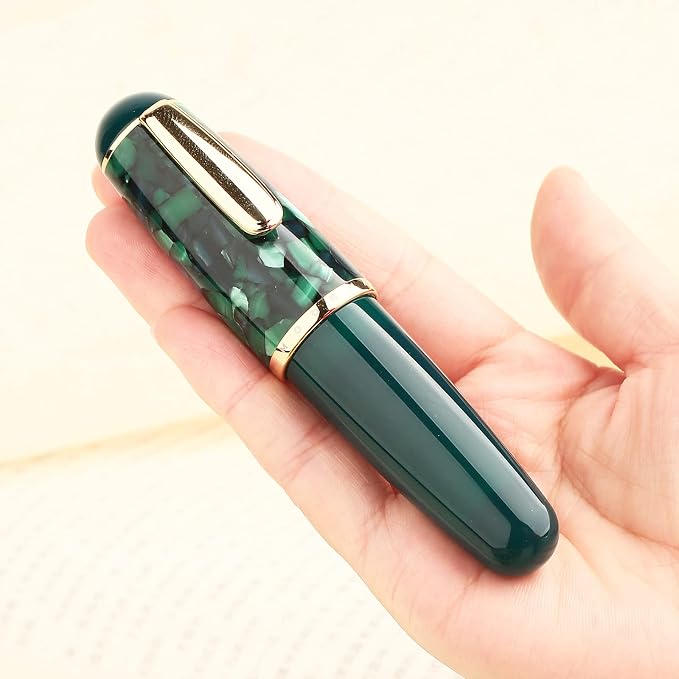 Lanxivi Majohn Q1 Fountain Pen Fine Point Green Marble, Little Fat Man Eyedropper Filling Pocket Pen Large Capacity