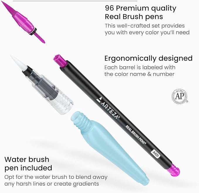ARTEZA Real Brush Pens, 96 Colors, Watercolor Pens and Drawing Markers with Flexible Nylon Tips, Bonus Water Brush for Coloring, Sketching, Lettering and Art Journaling